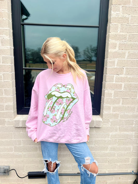 Rolling Stones Floral Lick Pink Thrifted Graphic Sweatshirt