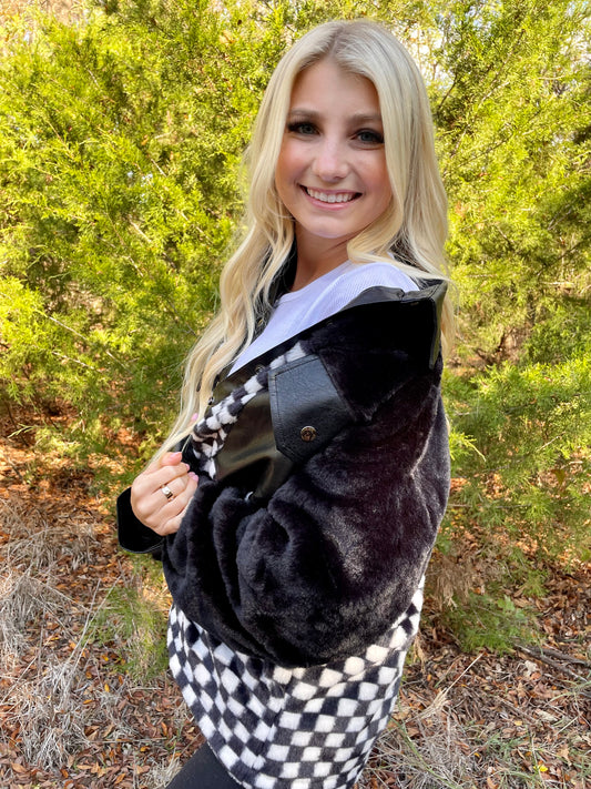 Feels like Home Checkerboard Faux Fur and Leather Jacket