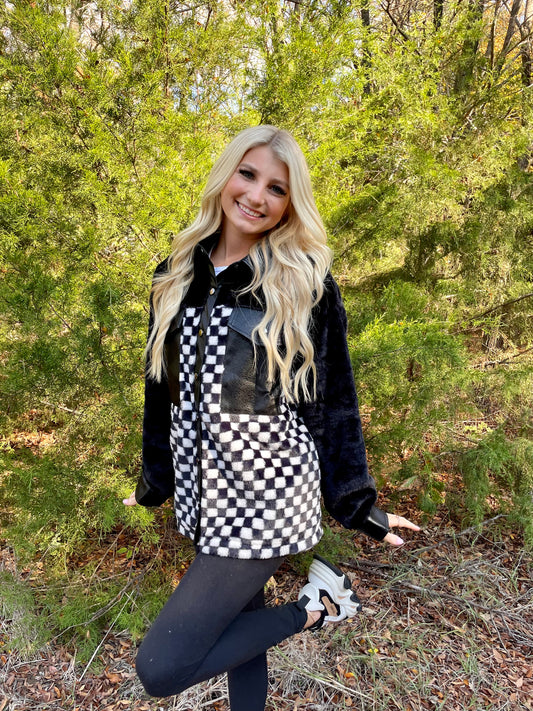 Feels like Home Checkerboard Faux Fur and Leather Jacket