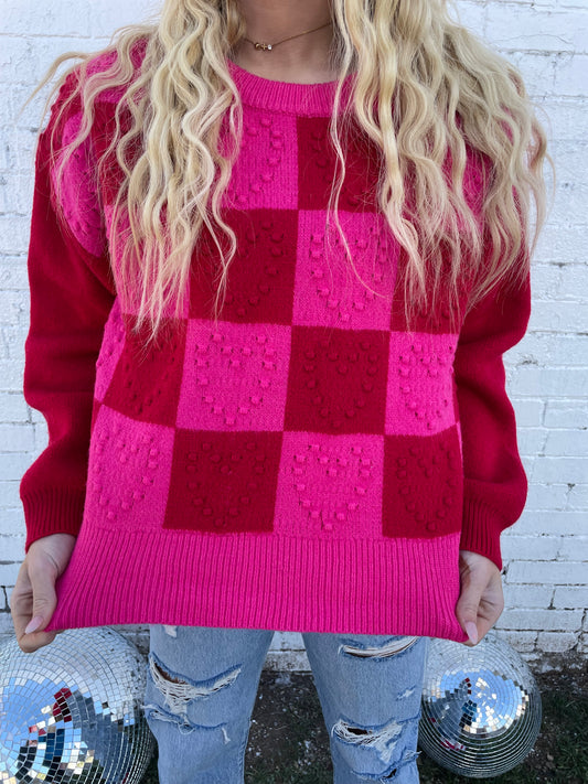 Multicolor Checkered Pattern Heart Detail Textured Sweater