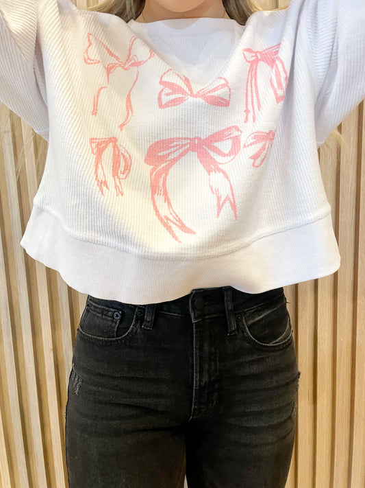 Bows White Cropped Corded Crew Sweatshirt