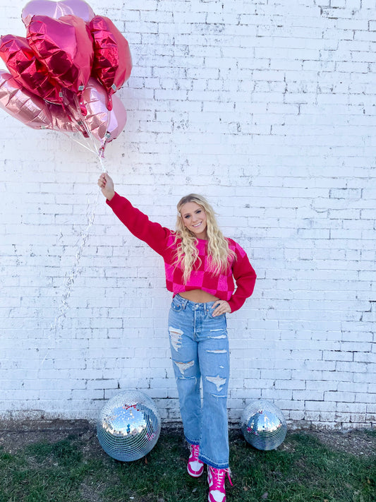 Multicolor Checkered Pattern Heart Detail Textured Sweater