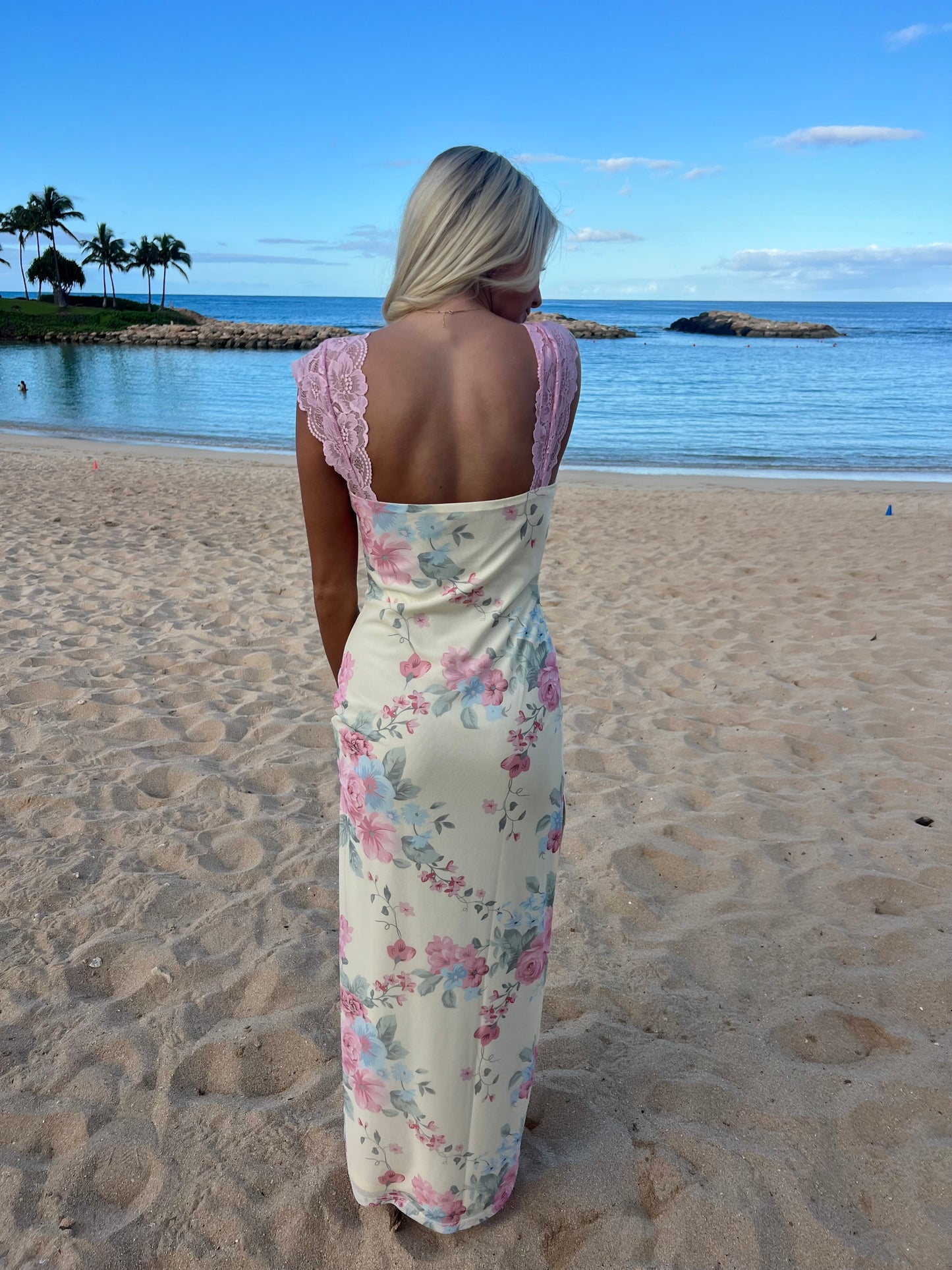 Mesh Floral Print Lace Detail Side Slit Maxi Dress