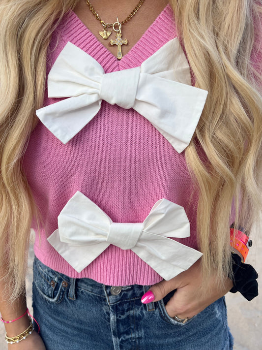 Pink Bow Front V-Neck Puff Sleeve Sweater Top